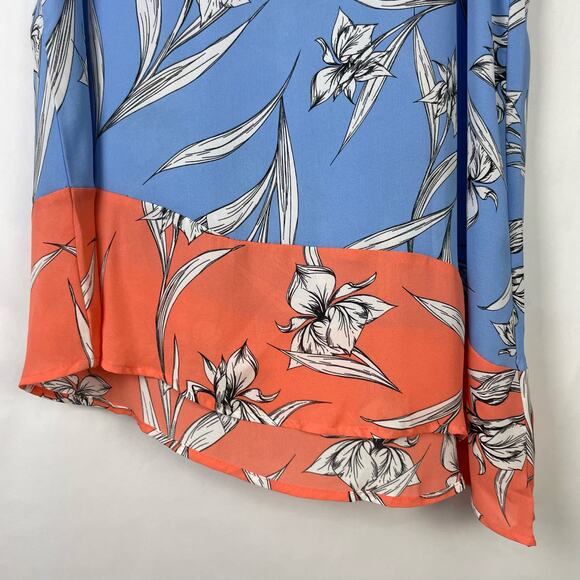 Zac & Rachel | NWT Blue & Orange Floral Asymmetrical Sleeveless Chiffon Blouse - Picture 3 of 8